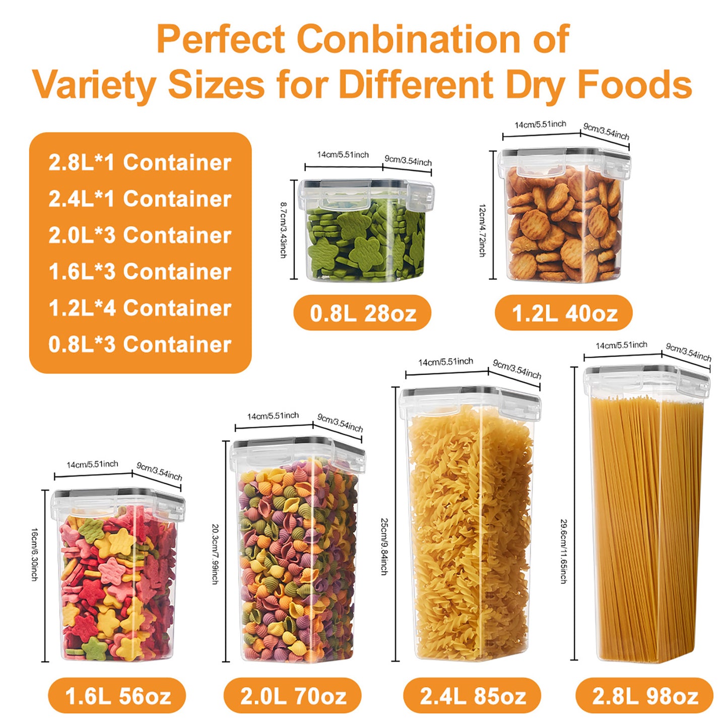 Asnews 15 Pcs Airtight Food Storage Containers with Lids, Kitchen Storage Container for Cereal, Dry Food, Flour and Sugar