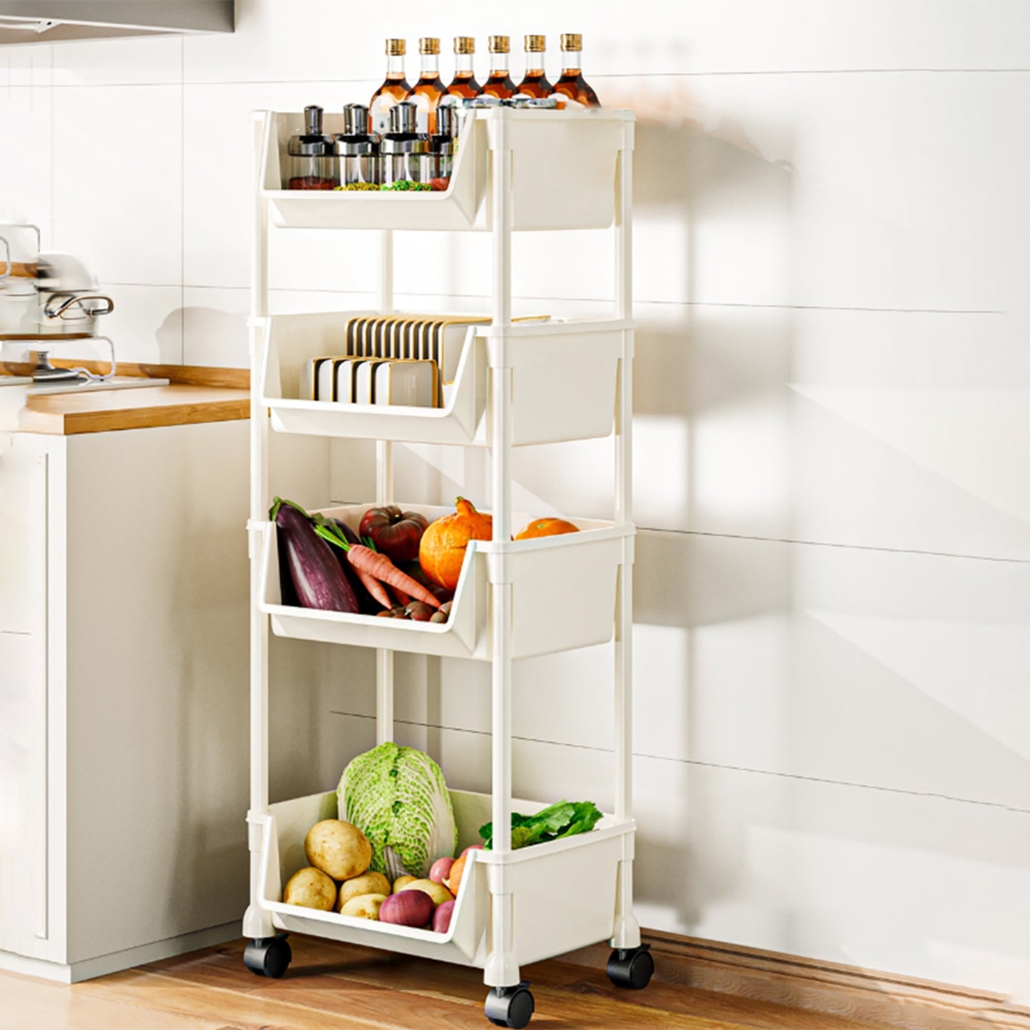 Asnews 3/4/5 Tier Plastic Rolling Cart Organizer with Lockable Caster Wheels, Bathroom Kitchen Office Workshop White