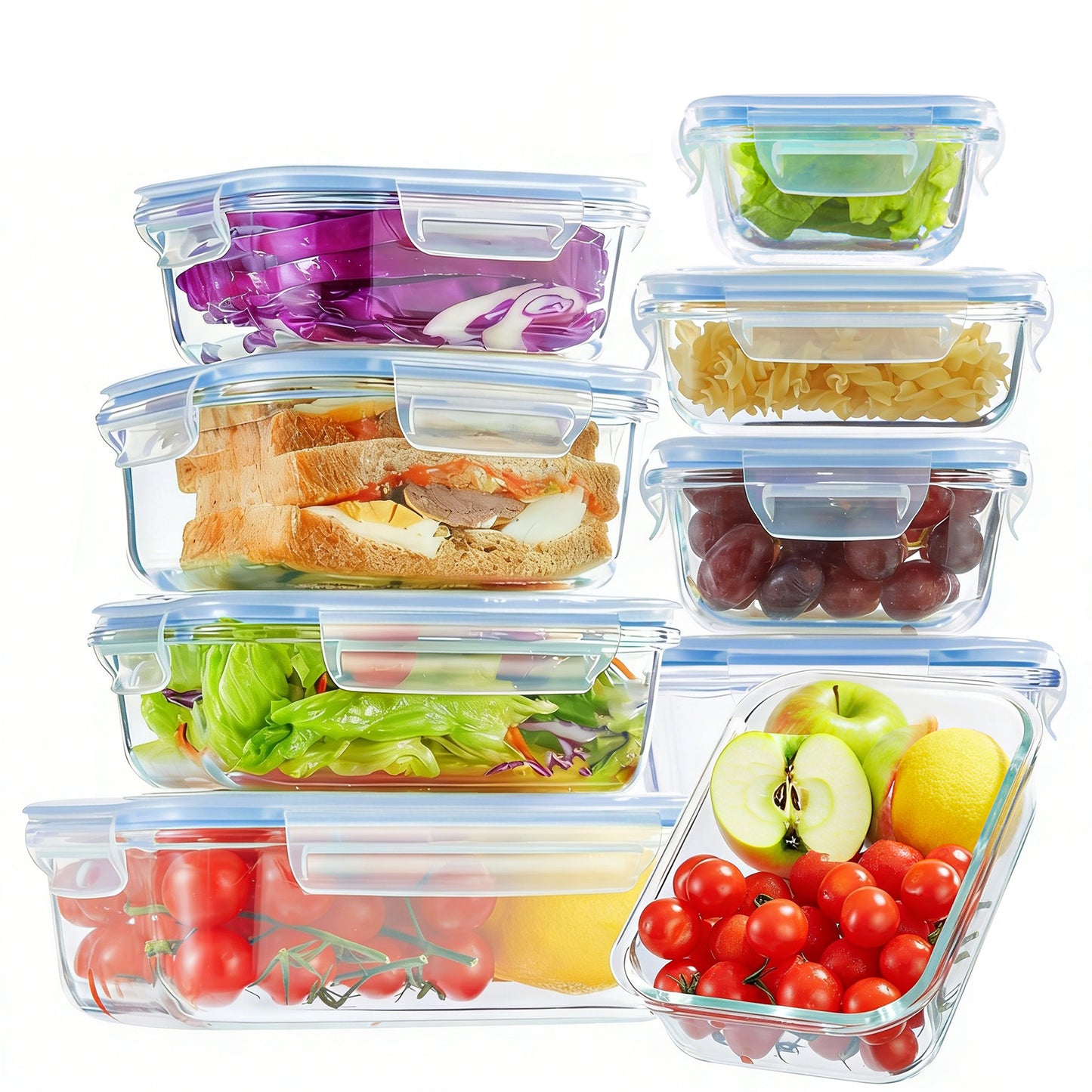 Asnews 16Pcs Glass Food Storage Containers with Lids Set, Airtight Bento Boxes, for Microwave, Oven, Freezer and Dishwasher Safe