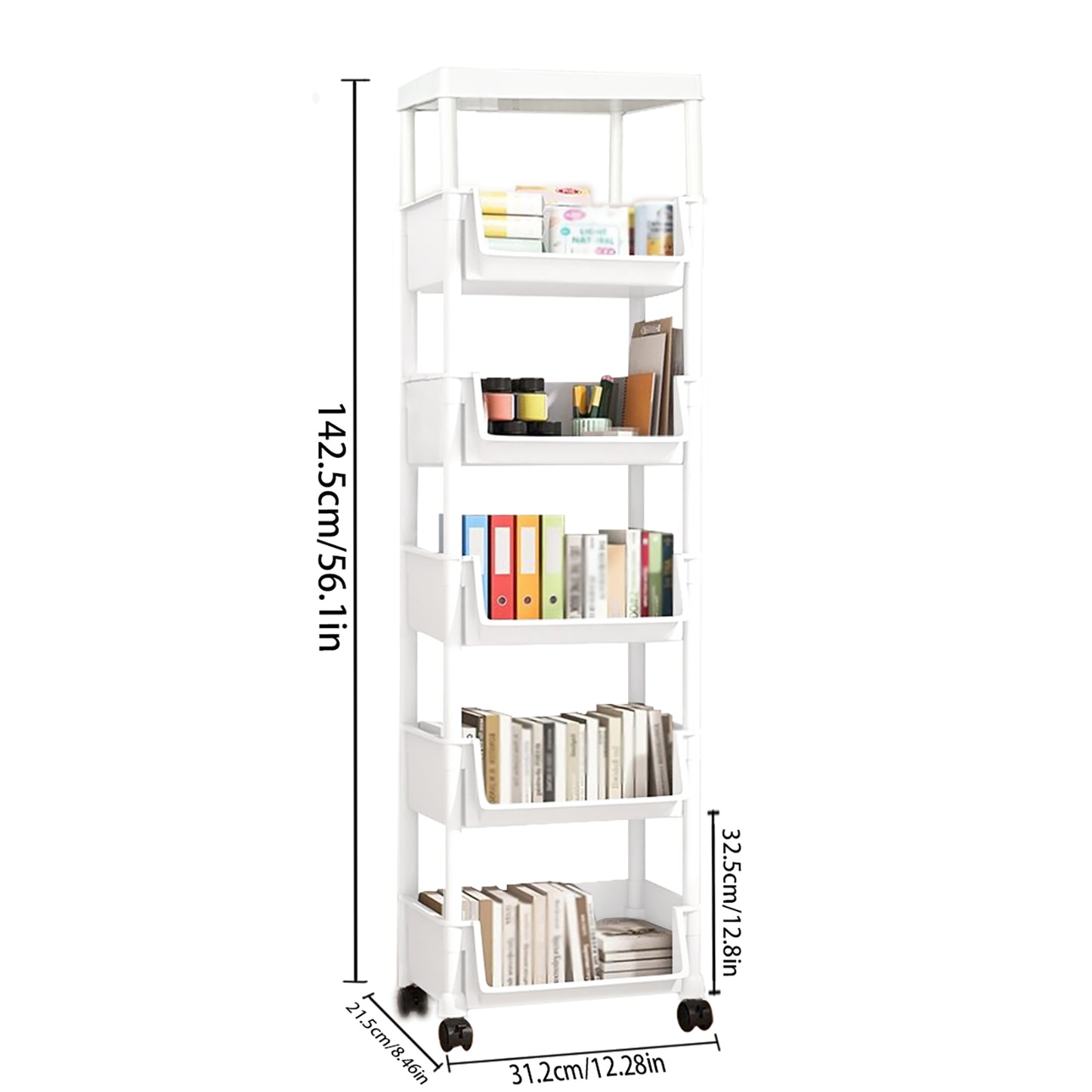 Asnews 3/4/5 Tier Plastic Rolling Cart Organizer with Lockable Caster Wheels, Bathroom Kitchen Office Workshop White